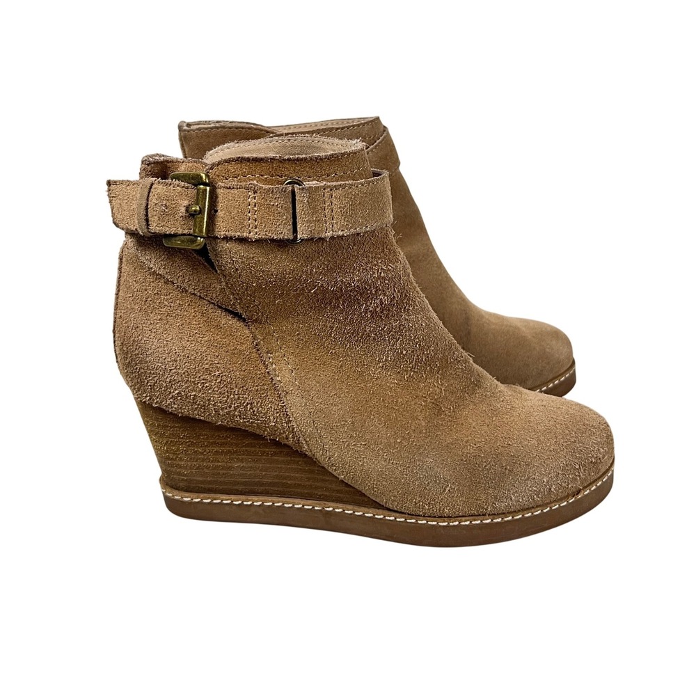 J Jill‎ Suede Wedge Ankle Boots Shoes Tan Buckle Strap Side Zip US 7